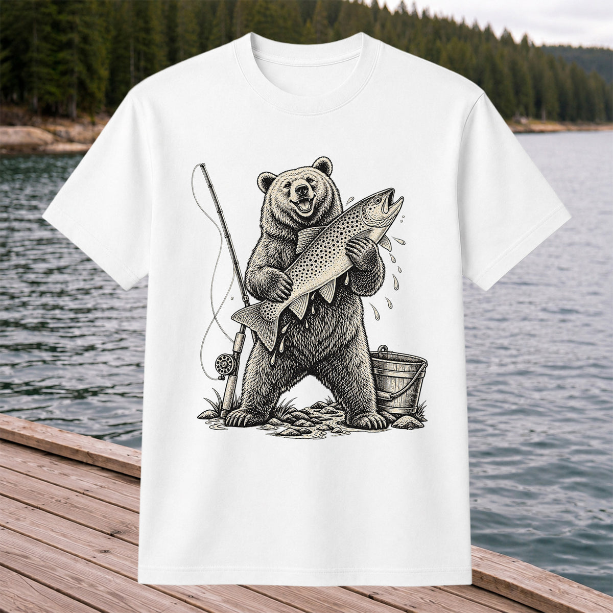 Bear Holding Trout Fishing Graphic T-Shirt