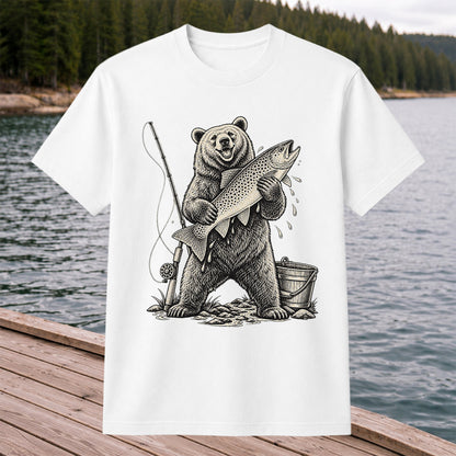Bear Holding Trout Fishing Graphic T-Shirt