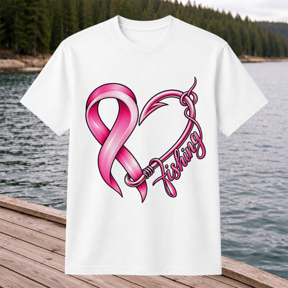 Pink Ribbon Heart Fish Hook Fishing Graphic T-Shirt