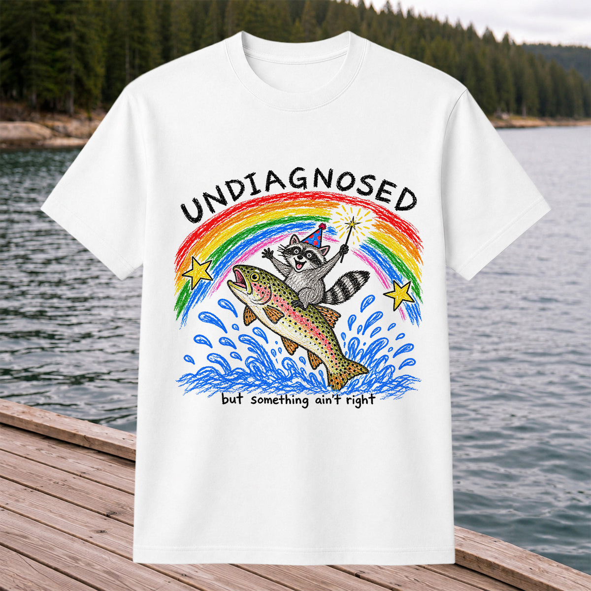 Undiagnosed But Something Ain't Right Raccoon Riding Trout T-Shirt