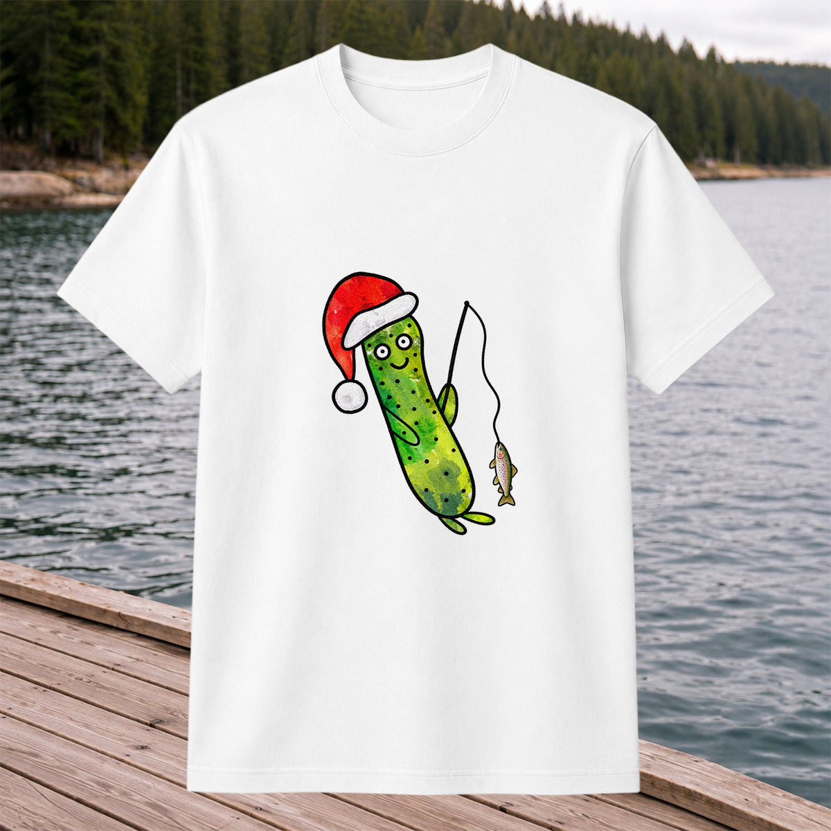 Santa Hat Cucumber Fishing for Trout Graphic T-Shirt