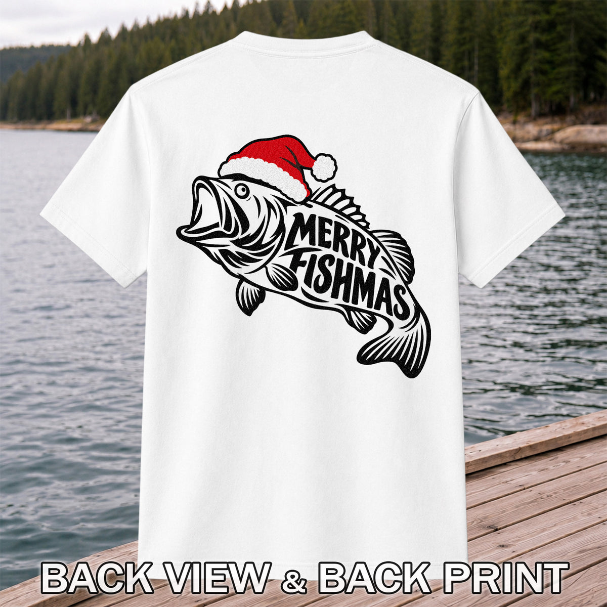 Santa Hat Fish Christmas Fishing Graphic T-Shirt | Back Print