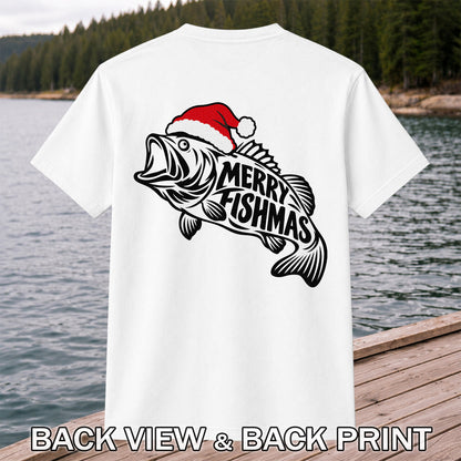 Santa Hat Fish Christmas Fishing Graphic T-Shirt | Back Print