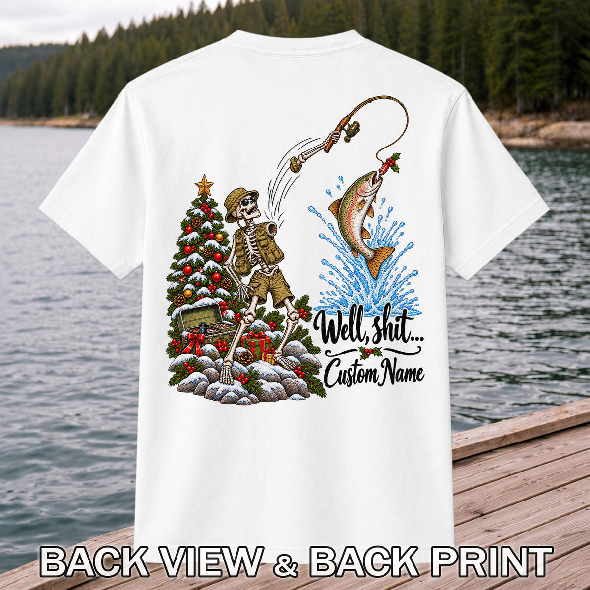 Skeleton Angler Christmas Fishing Personalized Graphic T-Shirt | Back Print
