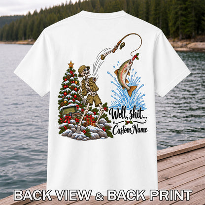 Skeleton Angler Christmas Fishing Personalized Graphic T-Shirt | Back Print