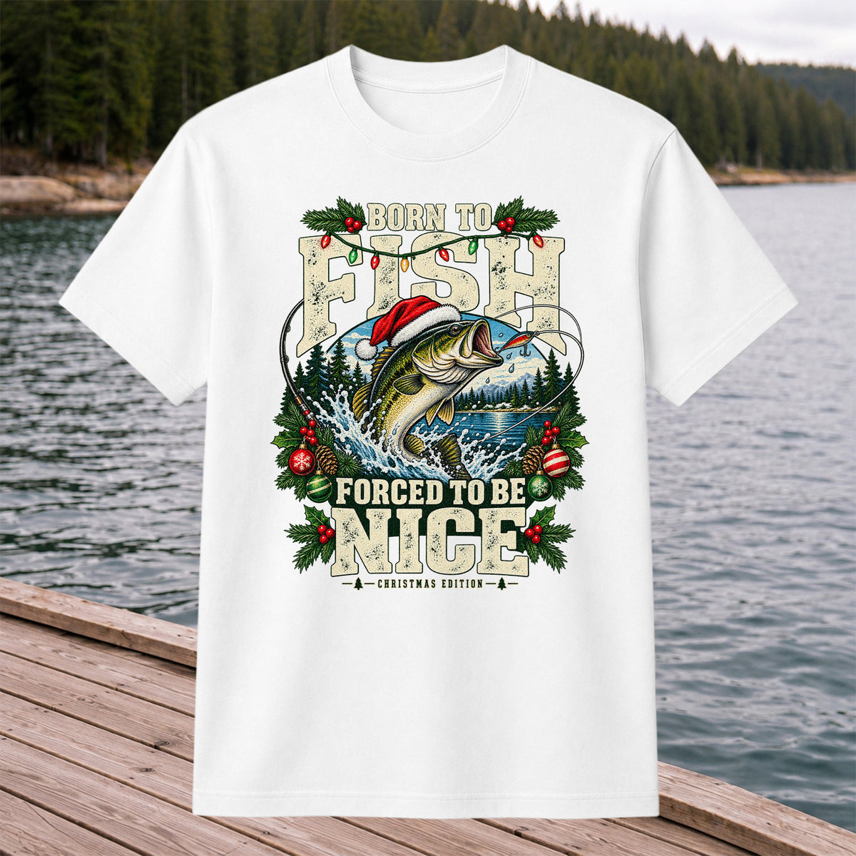 Born to Fish Forced to Be Nice Christmas Bass T-Shirt