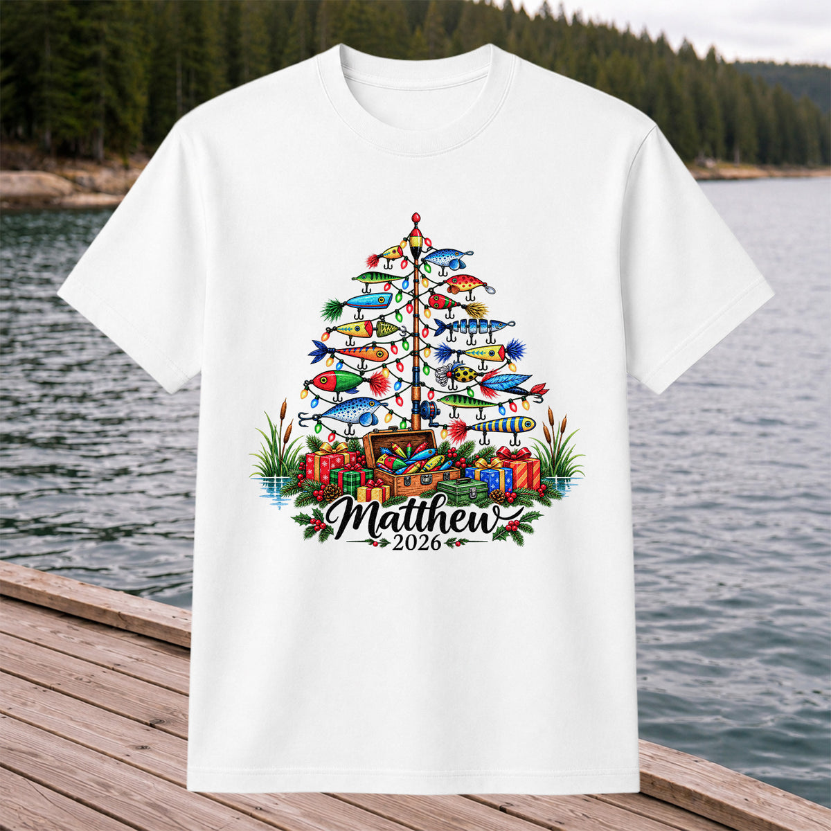 Personalized Christmas Fishing Lure Tree Name Graphic T-Shirt