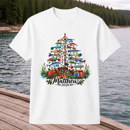 Personalized Christmas Fishing Lure Tree Name Graphic T-Shirt