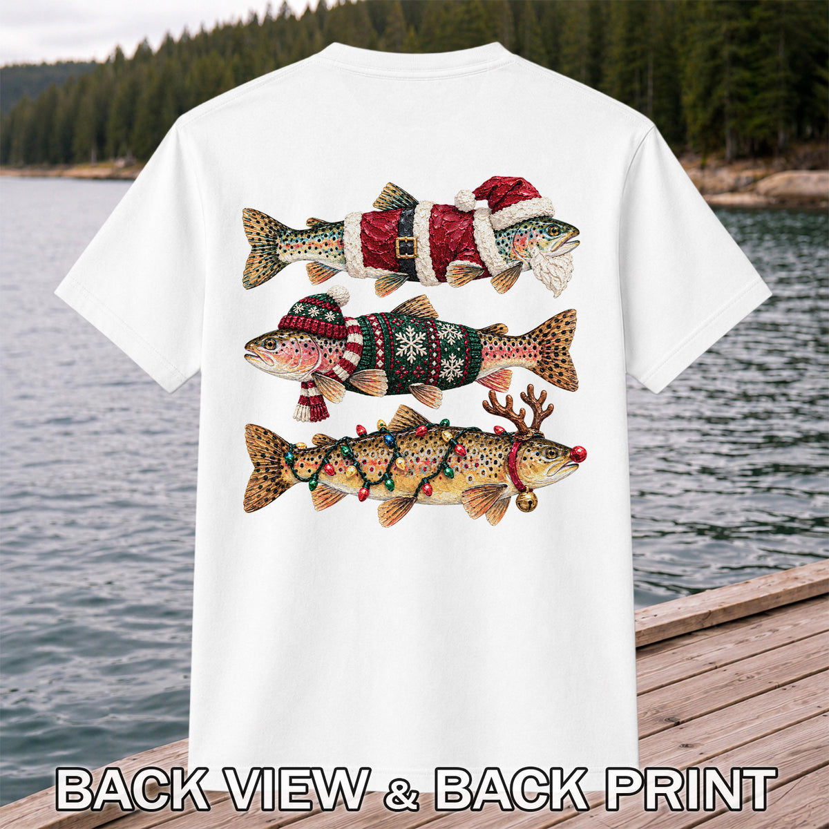 Christmas Trout Fishing Graphic T-Shirt with Festive Fish Artwork | Back Print