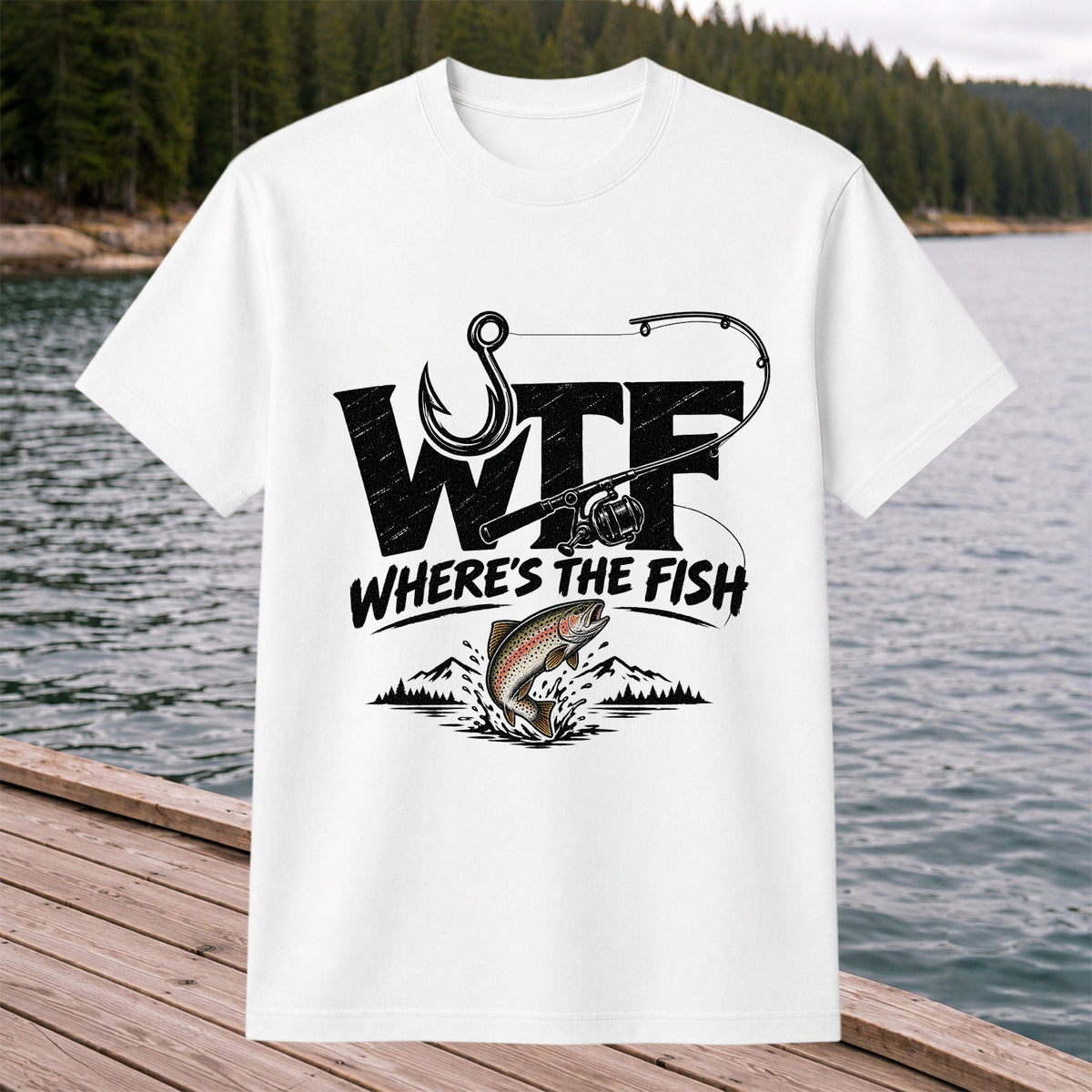 WTF Where's the Fish Rainbow Trout Fishing Graphic T-Shirt