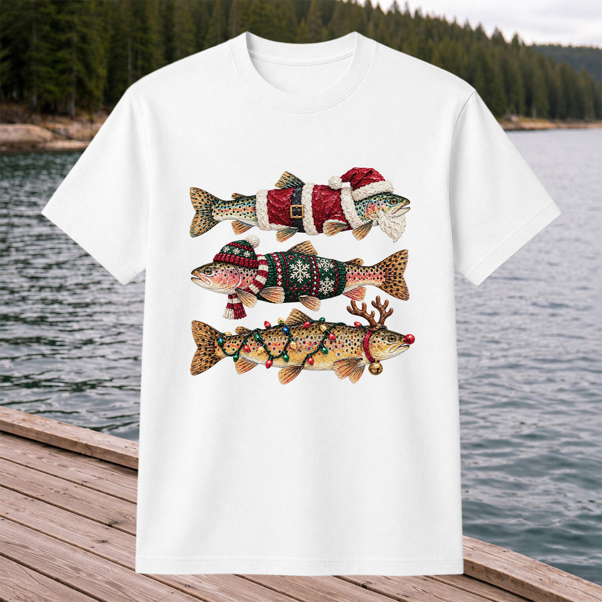 Christmas Trout Fishing Graphic T-Shirt with Festive Fish Artwork