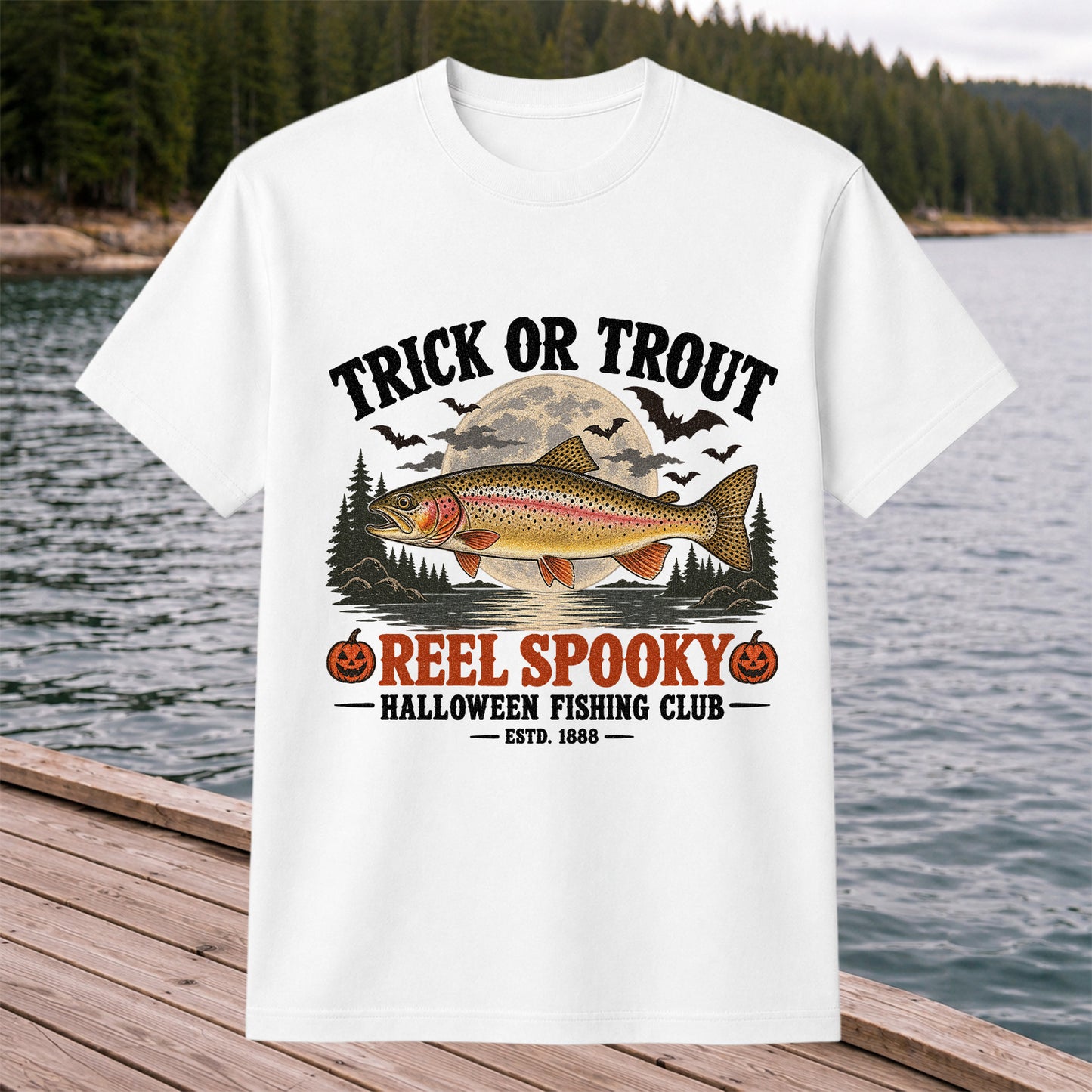Trick or Trout Reel Spooky Halloween Fishing Club T-Shirt