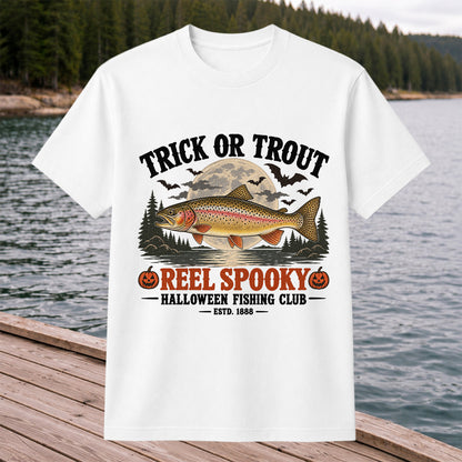 Trick or Trout Reel Spooky Halloween Fishing Club T-Shirt