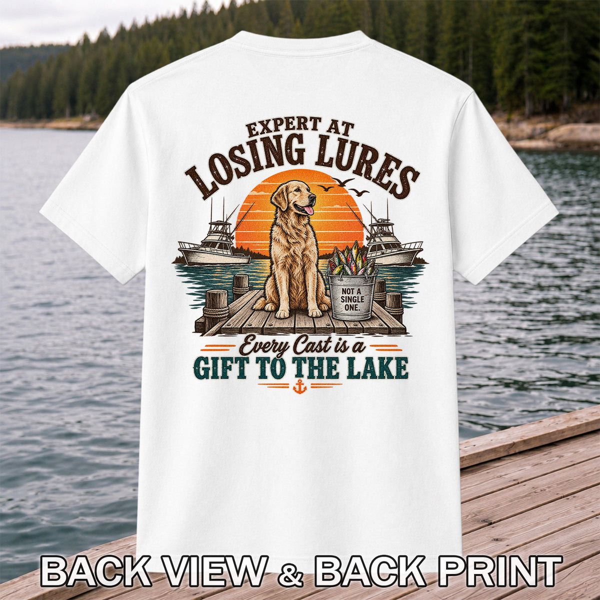 Expert at Losing Lures Golden Retriever Funny Fishing T-Shirt | Back Print