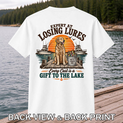 Expert at Losing Lures Golden Retriever Funny Fishing T-Shirt | Back Print