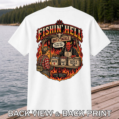 Fishin' Hell Devil Bait and Tackle Funny Fishing T-Shirt | Back Print