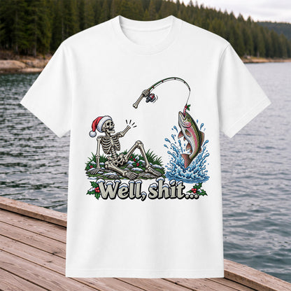 Well, Shit... Skeleton and Leaping Rainbow Trout Christmas Fishing T-Shirt