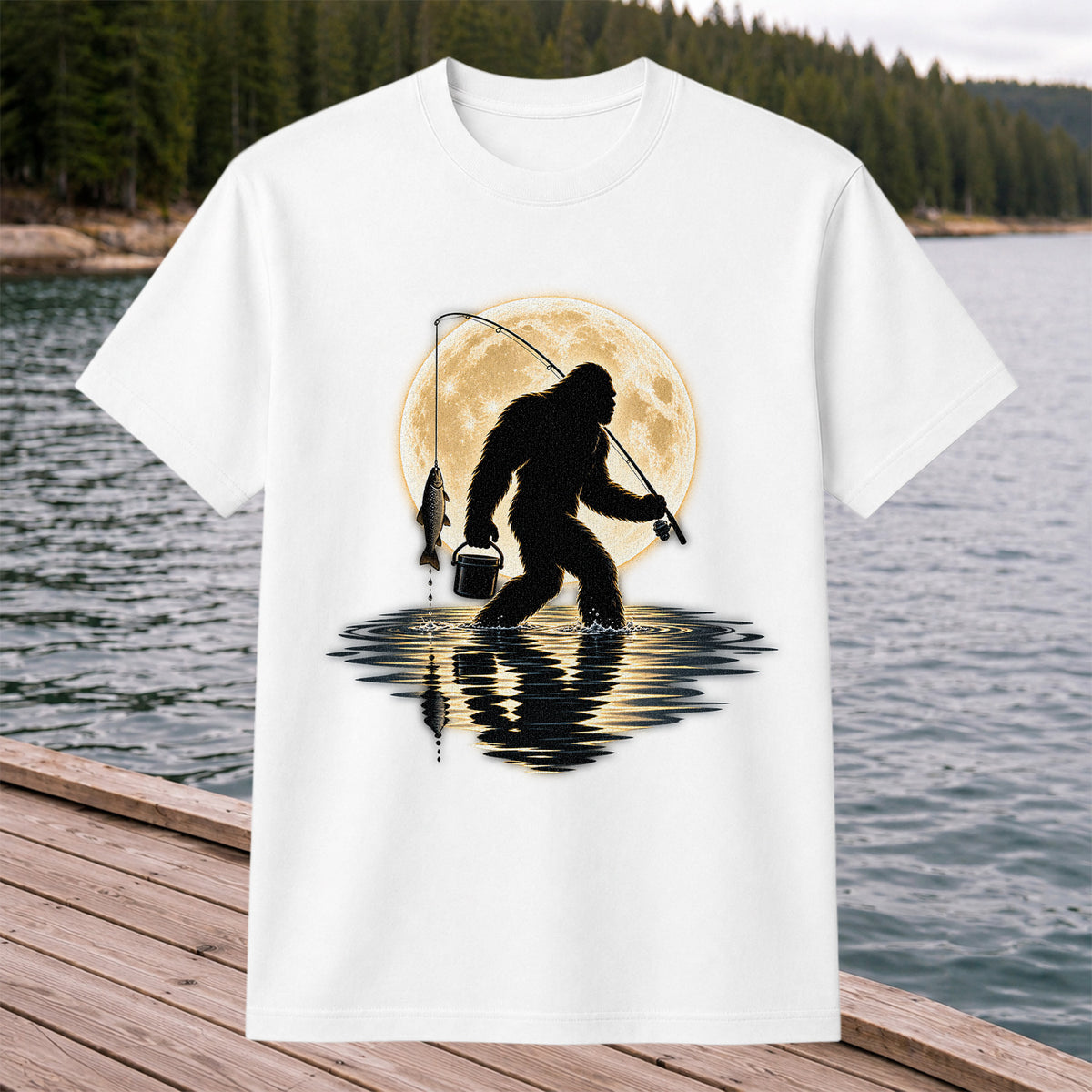 Bigfoot Fishing Under a Full Moon Graphic T-Shirt