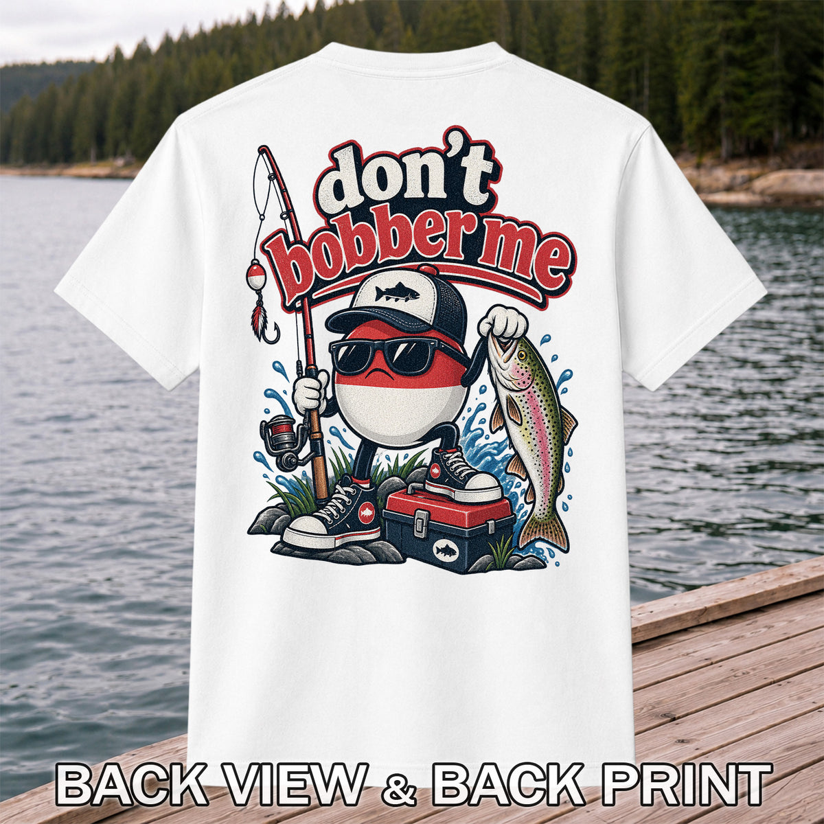 Don't Bobber Me Funny Fishing Bobber Holding Rainbow Trout T-Shirt | Back Print