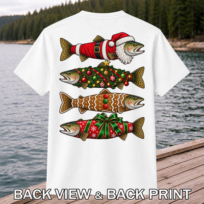 Festive Christmas Trout Santa and Gingerbread Fishing T-Shirt | Back Print
