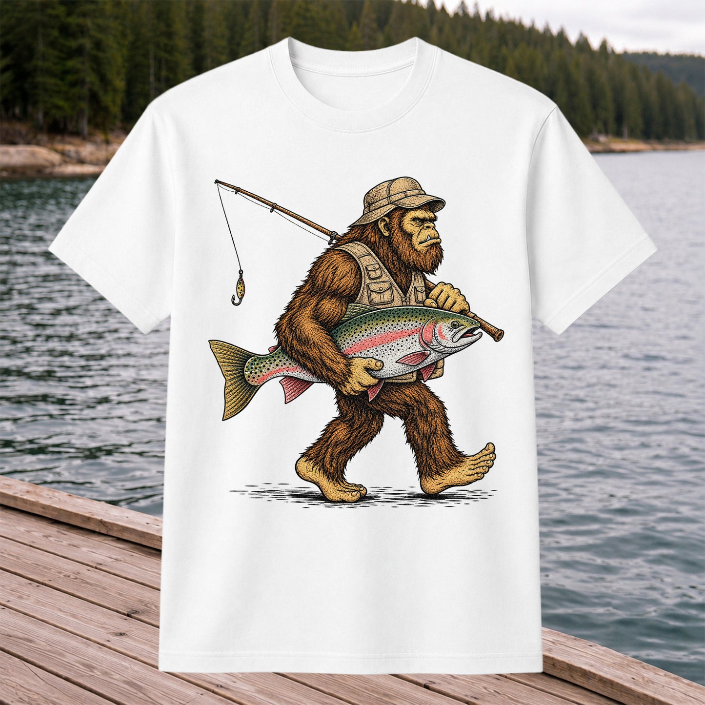 Bigfoot Holding Rainbow Trout Vintage Fishing Graphic T-Shirt