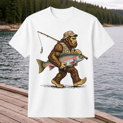 Bigfoot Holding Rainbow Trout Vintage Fishing Graphic T-Shirt