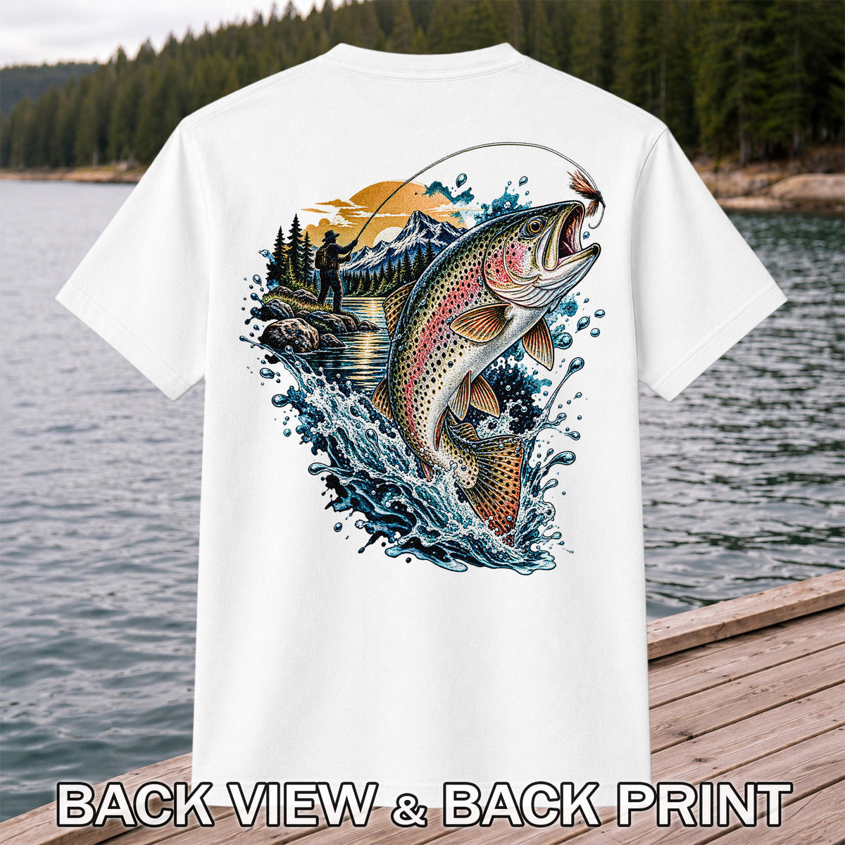 Leaping Rainbow Trout Mountain River Fly Fishing Graphic T-Shirt | Back Print