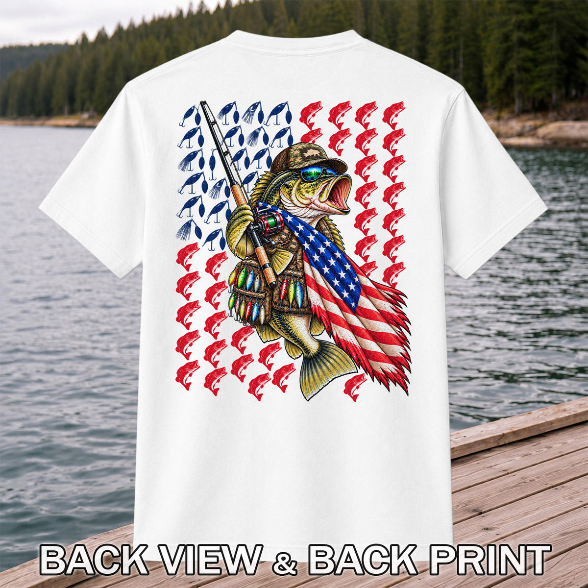 Patriotic Bass Fishing Graphic T-Shirt with American Flag Design | Back Print