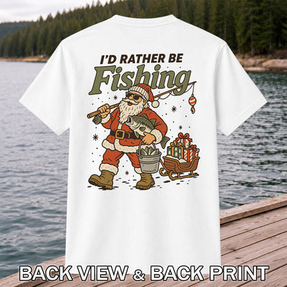 Santa Claus Fishing with Bass Christmas T-Shirt | Back Print