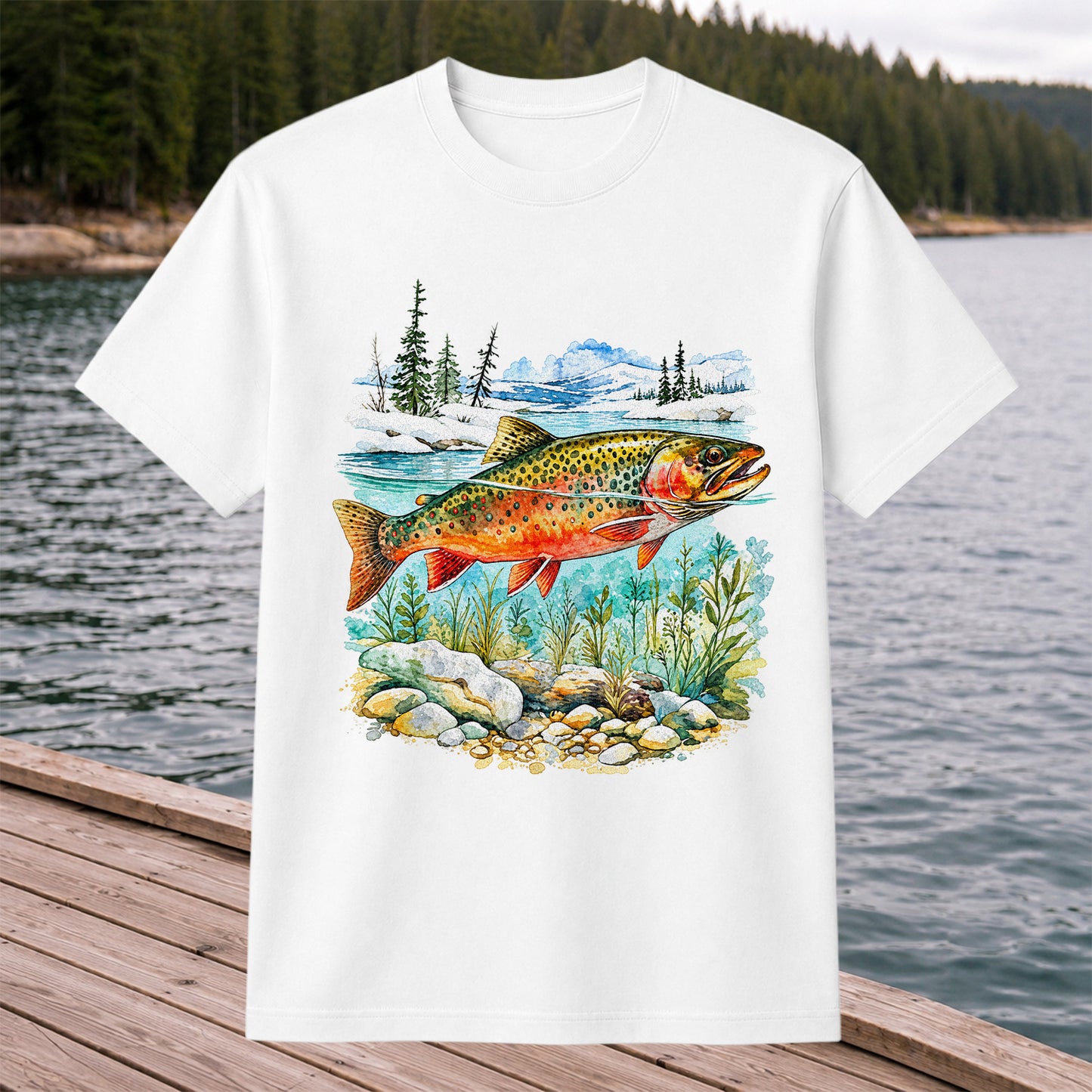 Brown Trout in Mountain River Watercolor Fishing Graphic T-Shirt