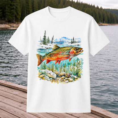 Brown Trout in Mountain River Watercolor Fishing Graphic T-Shirt