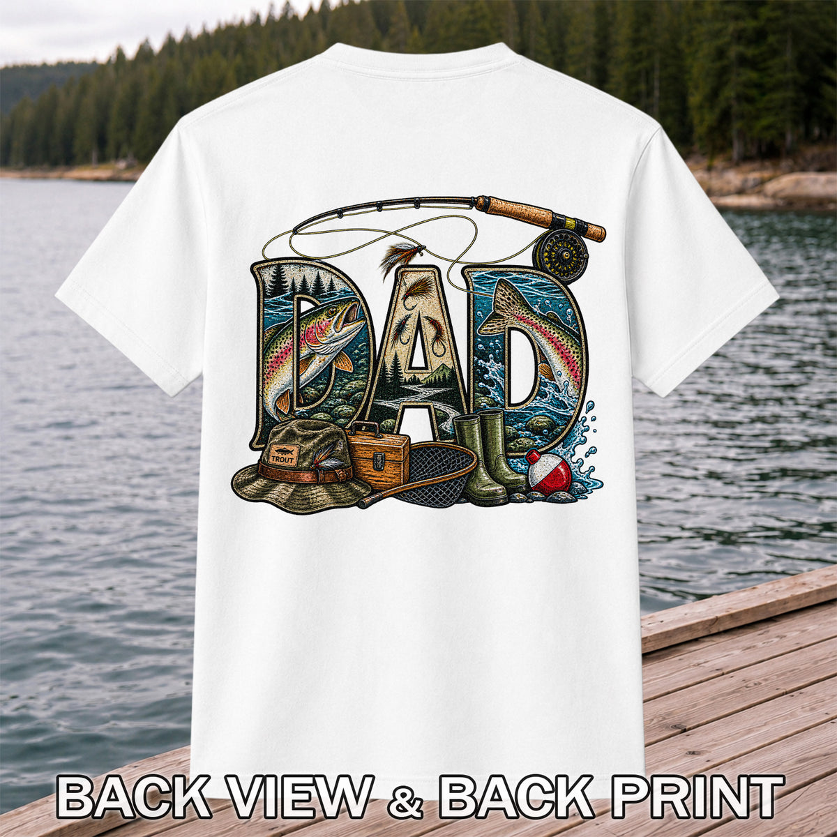 Dad Rainbow Trout Fly Fishing Vintage Graphic T-Shirt | Back Print