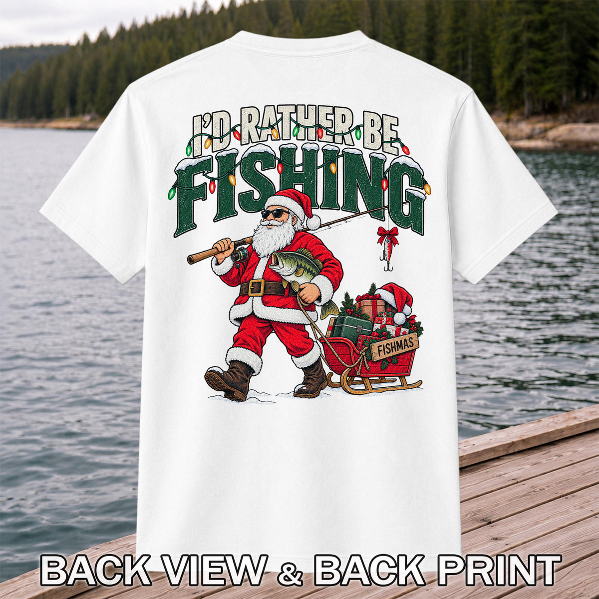 Santa Fishing with Bass Christmas Graphic T-Shirt | Back Print