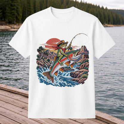 Cowboy Frog Riding a Rainbow Trout Canyon Fishing Graphic T-Shirt