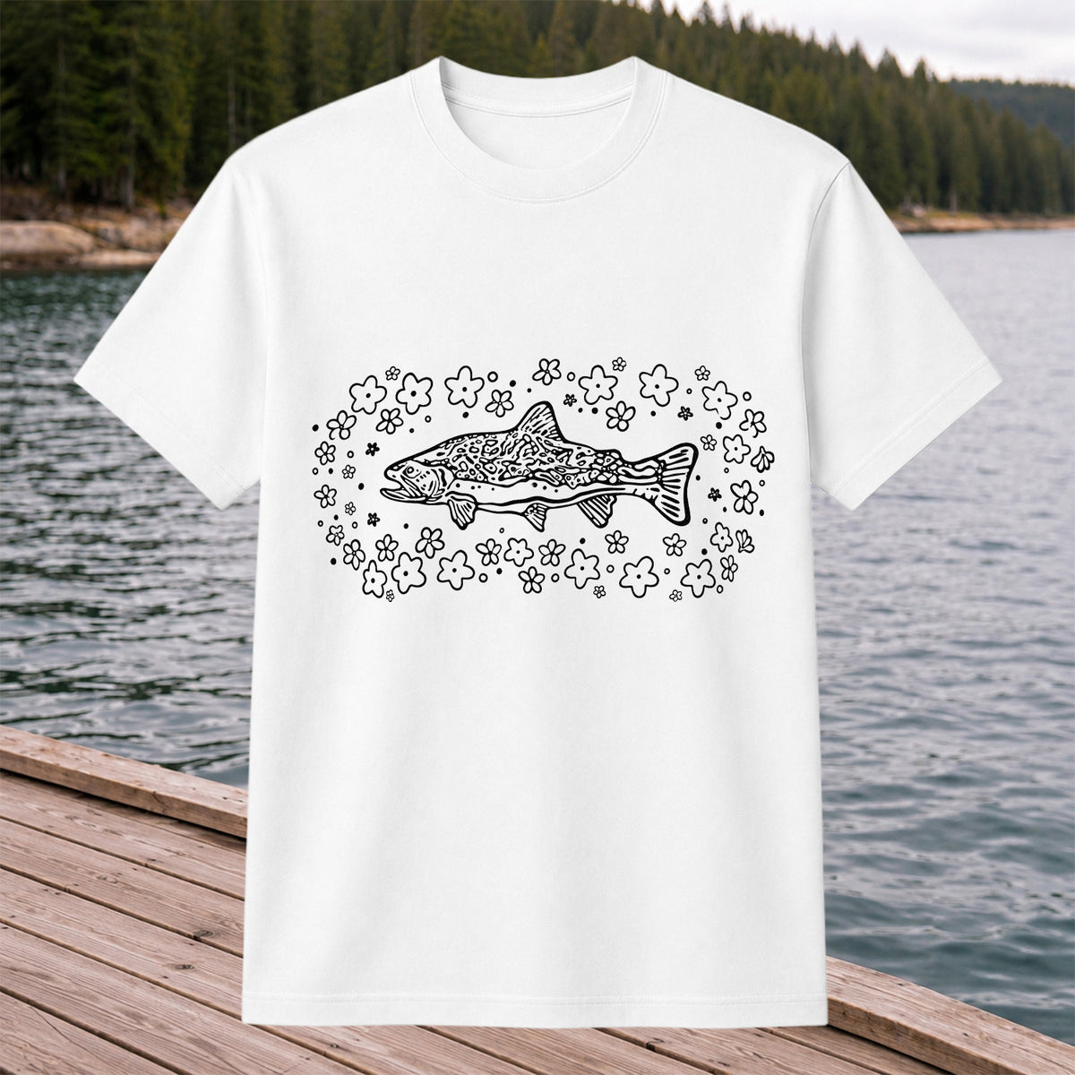 Brown Trout Surrounded by Wildflowers Fishing Graphic T-Shirt