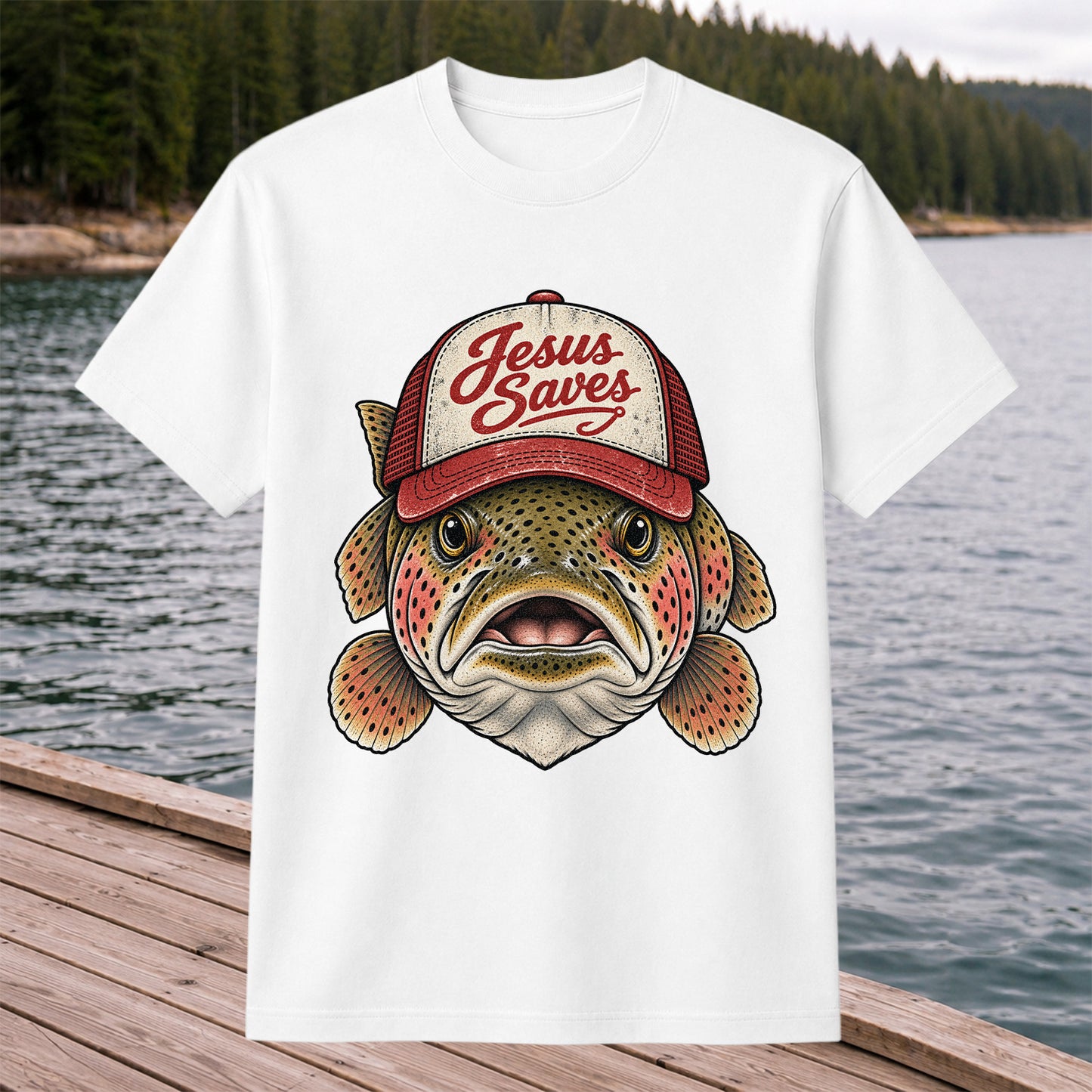 Jesus Saves Rainbow Trout in a Trucker Hat Fishing T-Shirt