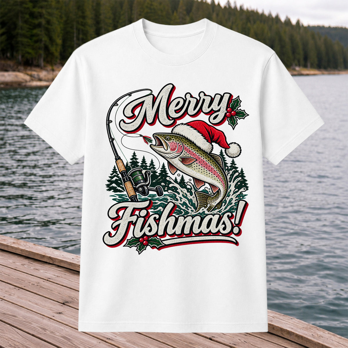 Merry Fishmas Rainbow Trout in Santa Hat Christmas Fishing T-Shirt, Trout Fishing