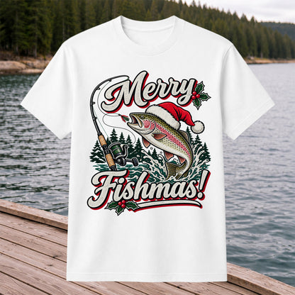 Merry Fishmas Rainbow Trout in Santa Hat Christmas Fishing T-Shirt, Trout Fishing