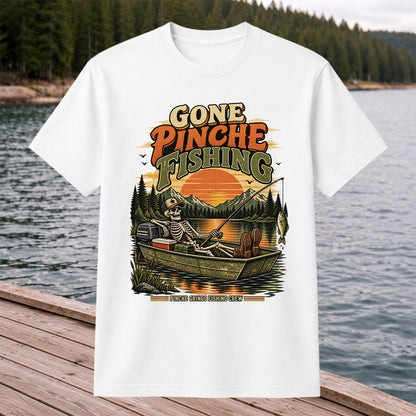 Gone Pinche Fishing Skeleton in a Boat Retro Graphic T-Shirt