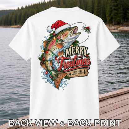 Merry Troutmas Tight Lines Bright Times Santa Hat Rainbow Trout Fishing T-Shirt | Back Print