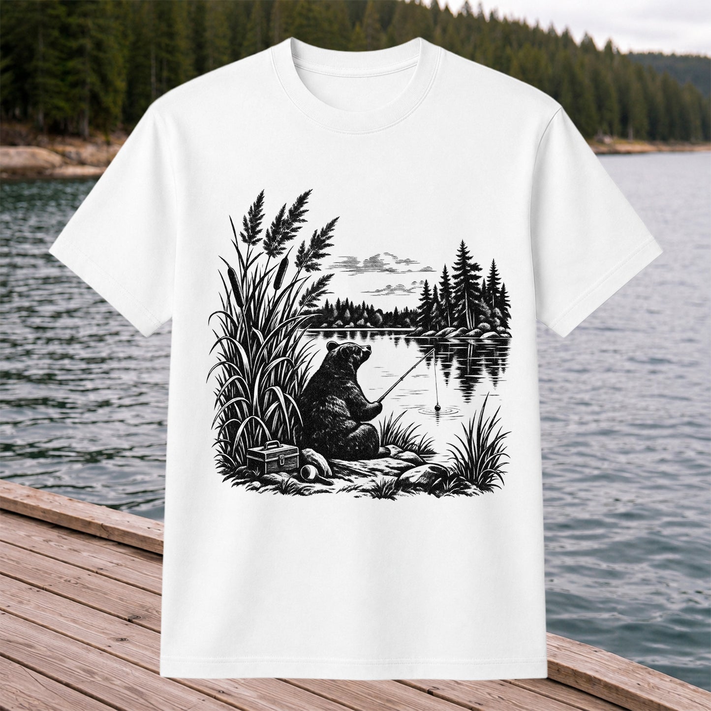 Bear Fishing by the Lake Vintage Outdoor Graphic T-Shirt