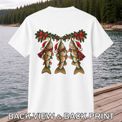 Festive Trout String Lights Christmas Fishing T-Shirt | Back Print