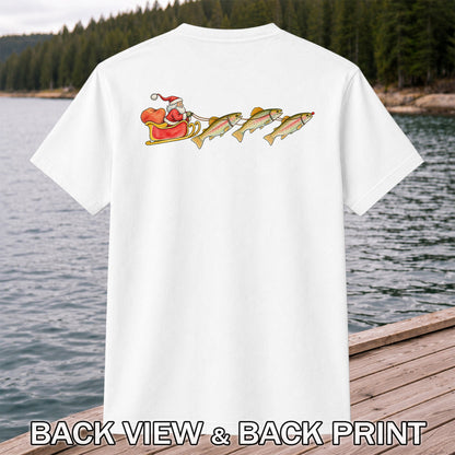 Santa Sleigh Pulling Rainbow Trout Fishing Graphic T-Shirt | Back Print