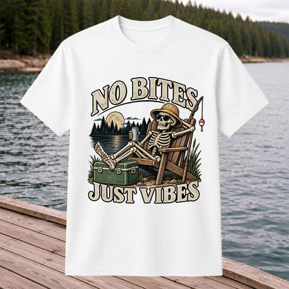 No Bites Just Vibes Skeleton Lake Fishing Graphic T-Shirt