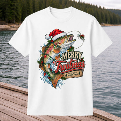 Merry Troutmas Tight Lines Bright Times Santa Hat Rainbow Trout Fishing T-Shirt