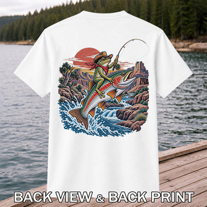 Cowboy Frog Riding a Rainbow Trout Canyon Fishing Graphic T-Shirt | Back Print