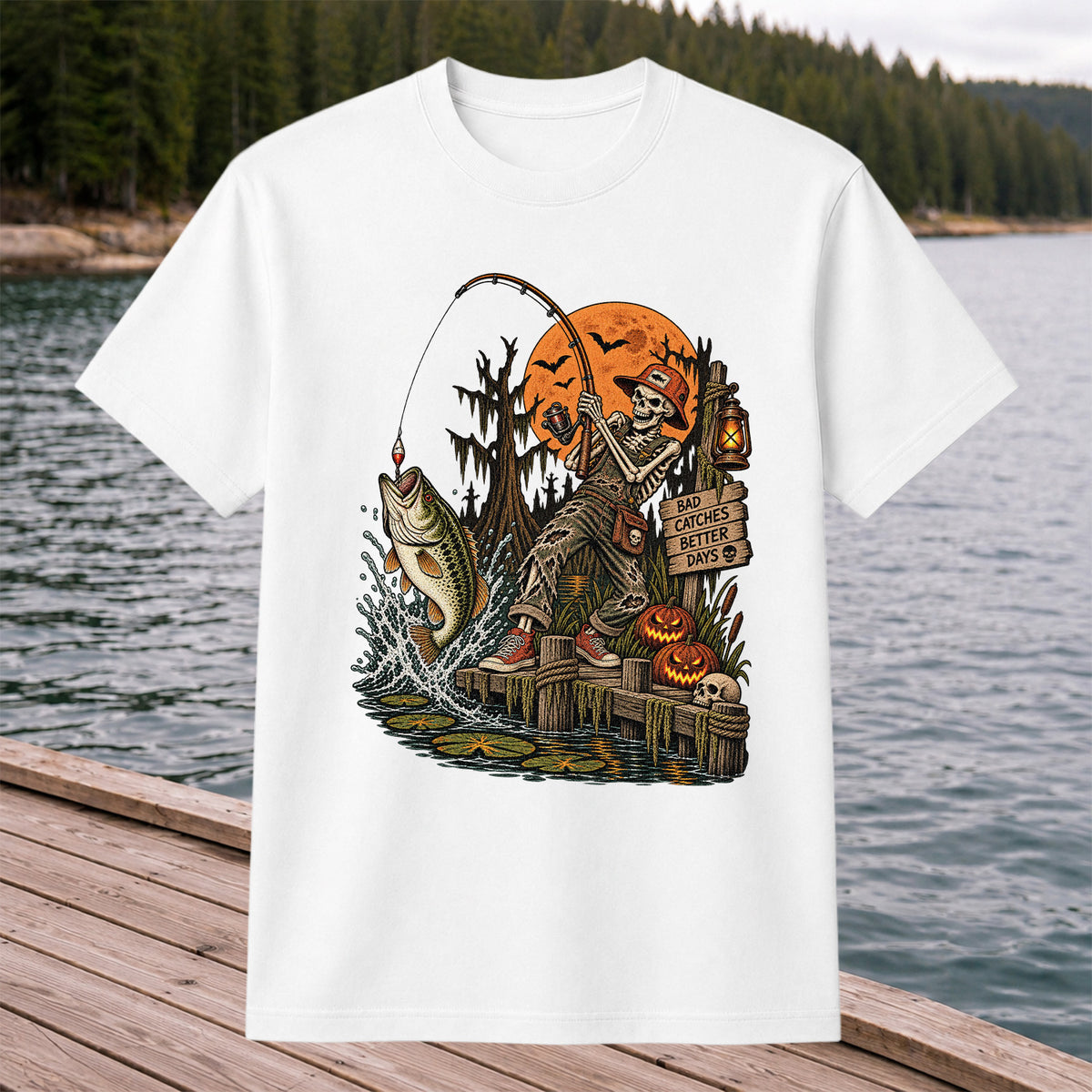 Bad Catches Better Days Skeleton and Bass Halloween Fishing T-Shirt