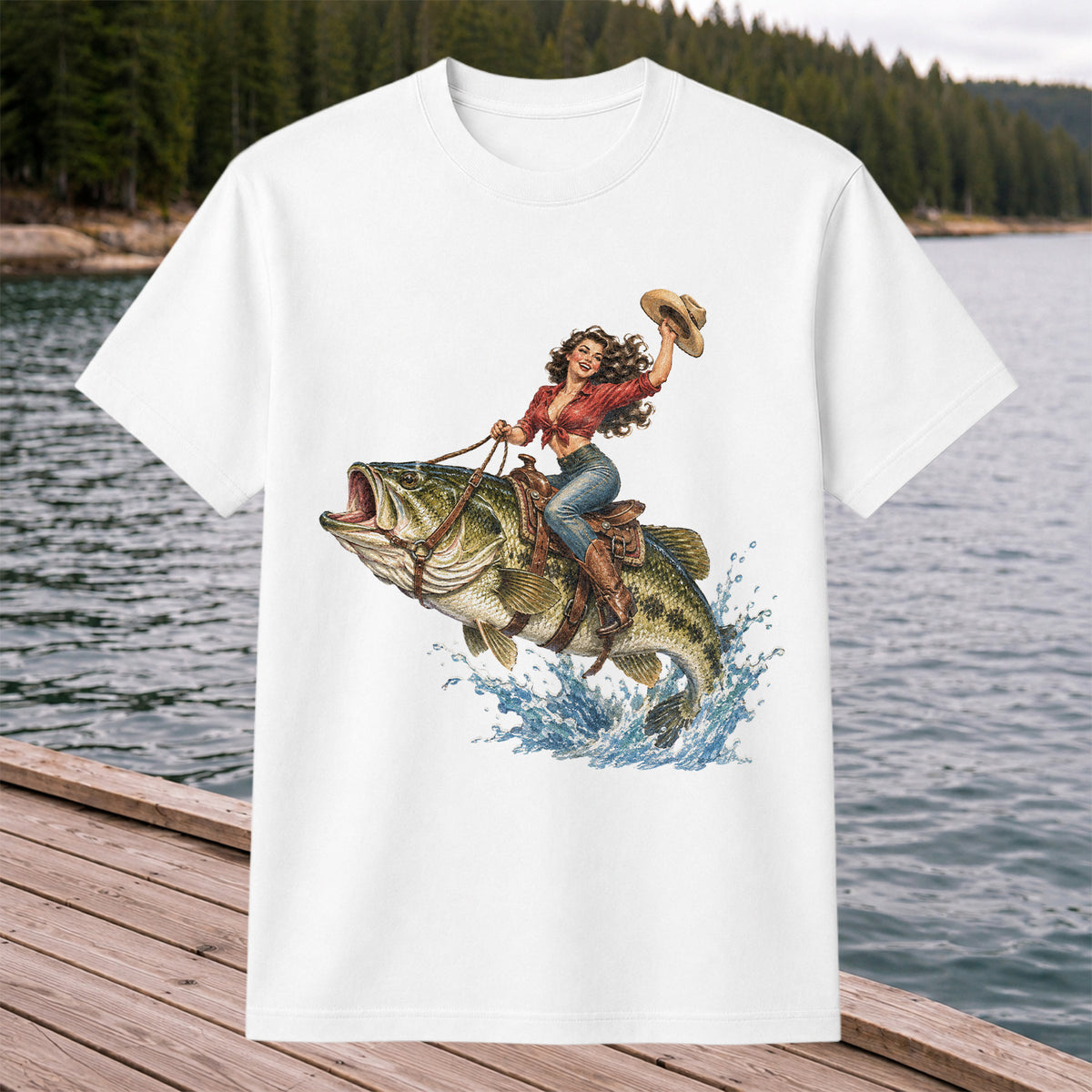 Vintage Cowgirl Riding a Largemouth Bass Fishing Graphic T-Shirt