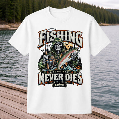 Fishing A Hobby That Never Dies Skeleton Holding Rainbow Trout Halloween T-Shirt