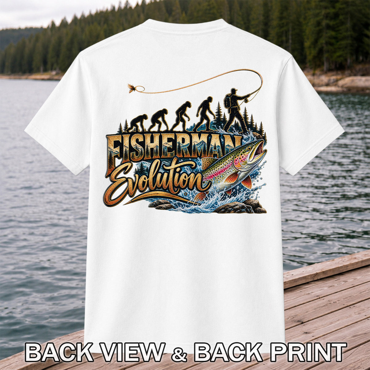 Fisherman Evolution Rainbow Trout Fly Fishing Graphic T-Shirt | Back Print